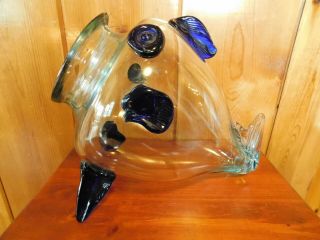 Vintage Mid Century Modern BLENKO ART GLASS FISH VASE / CLEAR and COBALT BLUE 4