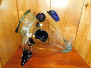 Vintage Mid Century Modern BLENKO ART GLASS FISH VASE / CLEAR and COBALT BLUE 6
