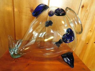 Vintage Mid Century Modern BLENKO ART GLASS FISH VASE / CLEAR and COBALT BLUE 8