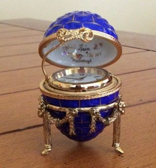 Vintage Authentic Faberge ' Blue & Gold Hand Painted Egg Clock with Stand 2