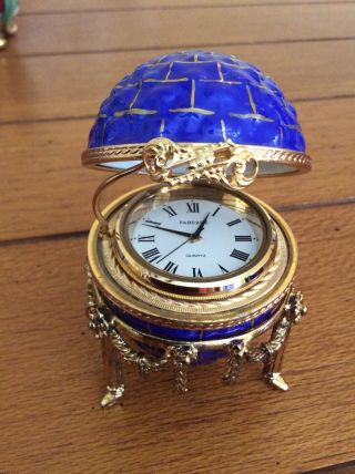 Vintage Authentic Faberge ' Blue & Gold Hand Painted Egg Clock with Stand 3