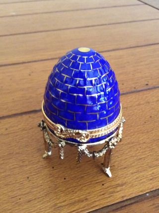 Vintage Authentic Faberge ' Blue & Gold Hand Painted Egg Clock with Stand 5