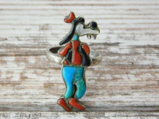 Vtg 1960s Old PAWN Zuni MICKEY MOUSE ' S GOOFY Turquoise Sterling SILVER RING 7.  75 2
