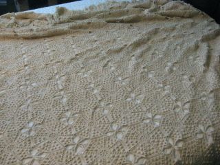 Vintage Hand Crochet Ivory Thread Popcorn Coverlet Bedspread Tablecloth 86 " X96 "