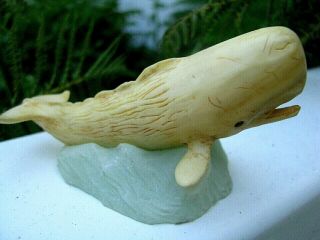 Vintage Inuit Carved Bone Whale Sculpture: 3.  1/4 " X 1 7/8 ".  Mounted On Rock