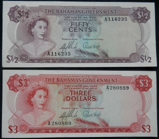 Bahamas,  2 Vintage Crisp Uncirculated Bills: 1/2 Dollar 1965,  3 Dollars 1965