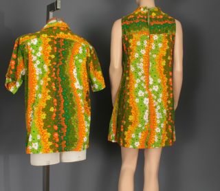 AUTH.  1970 ' S VTG HAWAIIAN SURF MATCHING HIS & HERS DRESS & SHIRT SET MED.  SIZES 5