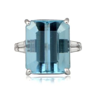 12ct Vintage Emerald Cut Aquamarine Diamond Simple Ring & 14k White Gold Over