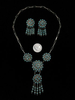 Vintage Zuni Necklace And Earrings Set - Sterling Silver And Turquoise Cluster