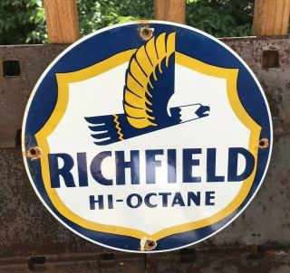 Vintage Richfield Motor Oil Gasoline Porcelain Metal Sign Station Pump Plate Gas