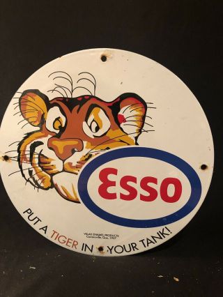 Vintage Marked “1957” Esso Tiger Gasoline Porcelain Enamel Gas Pump Sign