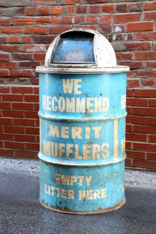 Vintage Merit Muffler Metal Trash Can With Dome Top Flip Lid Door Blue Barrel