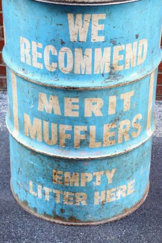 Vintage MERIT MUFFLER Metal Trash Can with Dome top Flip lid Door blue barrel 5