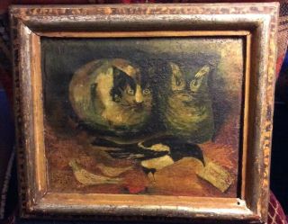 Vintage Oil Painting Of Cats With Birds— - Primitive 1800’s Era