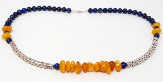 Vintage Sterling Silver 925 Natural Butterscotch Amber Lapis Bead Necklace