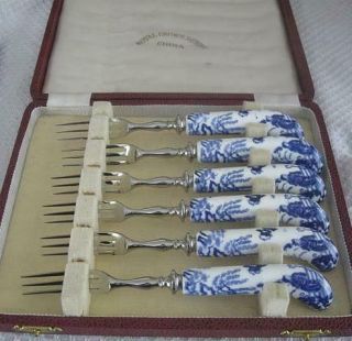 Six Vintage Royal Crown Derby Blue Mikado Forks In Presentation Case Box