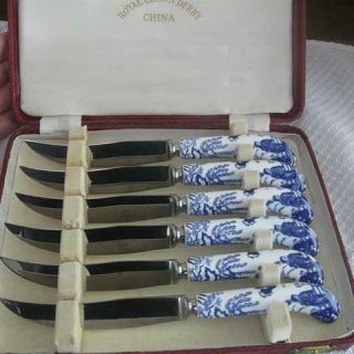 Six Vintage Royal Crown Derby Blue Mikado Knives In Presentation Case Box