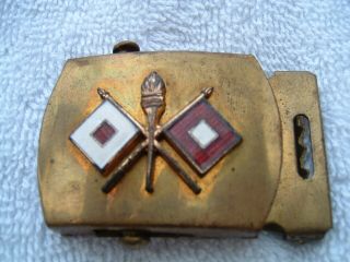Army Signal Corps Vintage Solid Brass Belt Buckle 2 Flags And A Flame