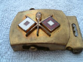 Army Signal Corps Vintage Solid Brass Belt Buckle 2 Flags And A Flame 2