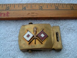 Army Signal Corps Vintage Solid Brass Belt Buckle 2 Flags And A Flame 3