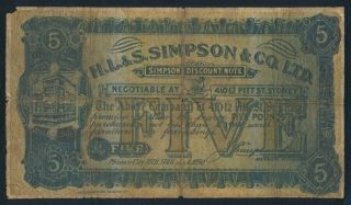 Australia: Rare 1921 H.  L.  & S.  Simpson & Co.  " Facsimile £5 Note " Funny Money.