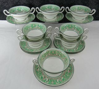 (8) Vintage Wedgwood Green Florentine Bone China Cream Soup Bowls & Saucers