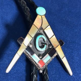 Vintage Zuni Masonic Square & Compass Sterling By Wilford & Lena Quandelacy Bolo