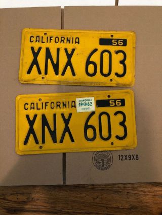Vtg Pair 1956 Car Automobile License Plate Set California Black Yellow Xnx603
