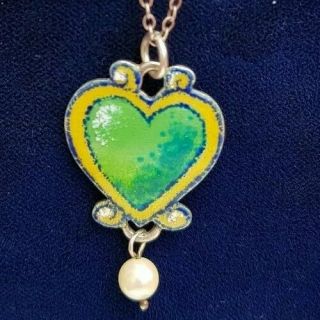 Vintage Art Nouveau Edwardian Ajs Sterling Silver Enamel Heart Pendant Necklace