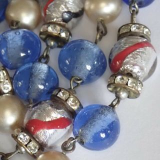 Vtg Art Deco Venetian Foiled Red White Blue Glass Bead Pearl Rhinestone Necklace