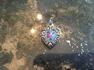 Antique Vtg Sterling Puffy Heart Charm With Repousse Blue Enamel With Pink Rose