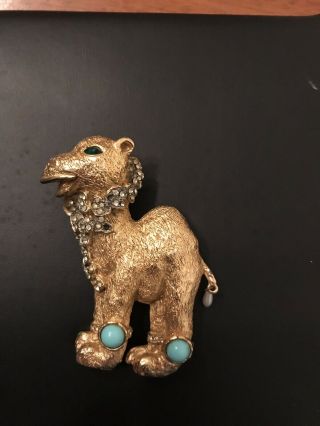 Vintage Signed Kenneth J Lane Camel Brooch Pin Faux Turquoise Emerald Rhinestone