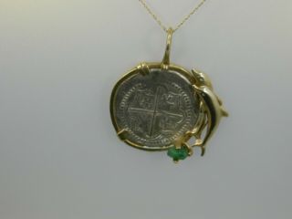 Exquisite Vintage Sterling Silver Jade 2 Dolphin Pirate Coin Medallion Pendant M