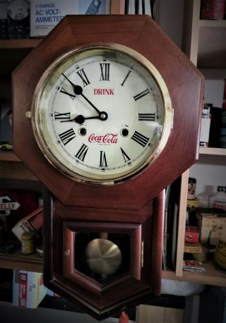 Vintage Coca - Cola Wood Pendulum Wall Clock.  With Mechanical Key Wind & Chiming.
