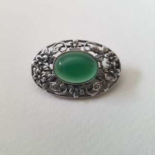 Vintage Green Flower Brooch,  Sterling Silver Arts And Crafts Style Brooch