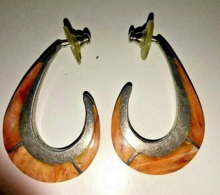 Vintage Sterling Silver & Coral Fish Hook Earrings Signed Tca 1985 Artist Made