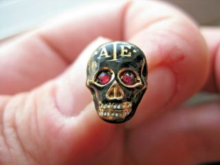 Vintage Aei Aie Skull Badge 14k Gold Pink Ruby Black Enamel Fraternity Pin