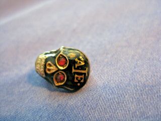 Vintage AEI AIE Skull Badge 14K Gold Pink Ruby Black Enamel Fraternity Pin 2