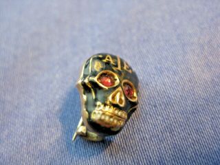 Vintage AEI AIE Skull Badge 14K Gold Pink Ruby Black Enamel Fraternity Pin 4