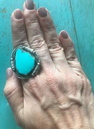 Big Vintage Navajo Sterling Silver Bright Blue Turquoise Ring Sz 9