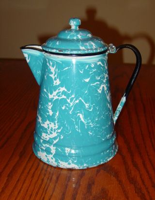 Vintage Blue & White Swirl Enamelware Coffee Pot Graniteware Kettle Vgc