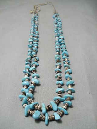 Very Rare Longer Vintage Navajo Easter Blue Turquoise Necklace Old