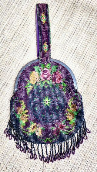 Antique Victorian Purple Beaded Roses Purse Evening Bag Large Oval Spider Web