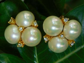 Christian Dior Vintage Signed Rhinestone Faux Pearl & Gold Tone Clip Earrings