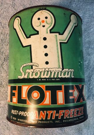 Vintage 1935 Flotex Snowman Anti - Freeze Gallon Can Very Hard To Find,