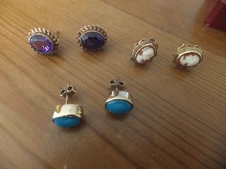 3 Pairs Of Vintage 9 Ct Gold Earrings,  Amethyst,  Cameo,  Turquoise,  Wow
