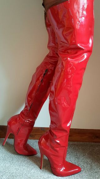 Very Rare Little Shoe Box Red Patent Leather Thigh Length Boots Size Uk 8 Eu 41