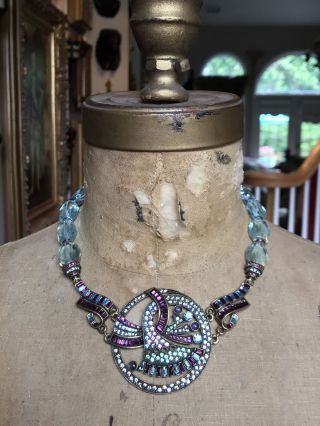 Heidi Daus Blue Aqua Bead Art Deco Inspired Vintage Necklace - Rare