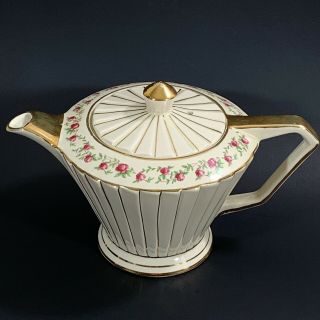 Vintage Sadler Art Deco Teapot Ivory with Pink Roses Gold Trim 2129 Charming 2