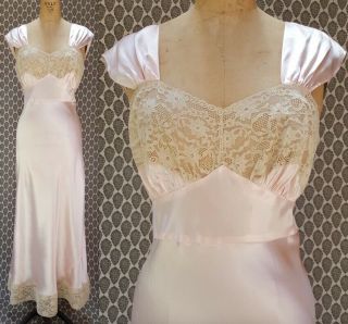 1930 1940 Radcliffe Pink Satin Rayon Ecru Lace Vintage Nightgown Slip 30s 40 M L